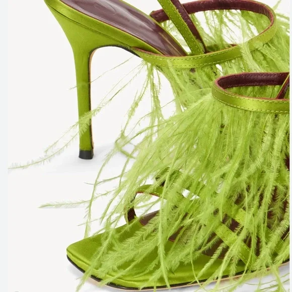 NWOT Staud Anise Feather-Trimmed Satin Heeled Sandals in Lime Green Size EU 36 - Picture 5 of 14